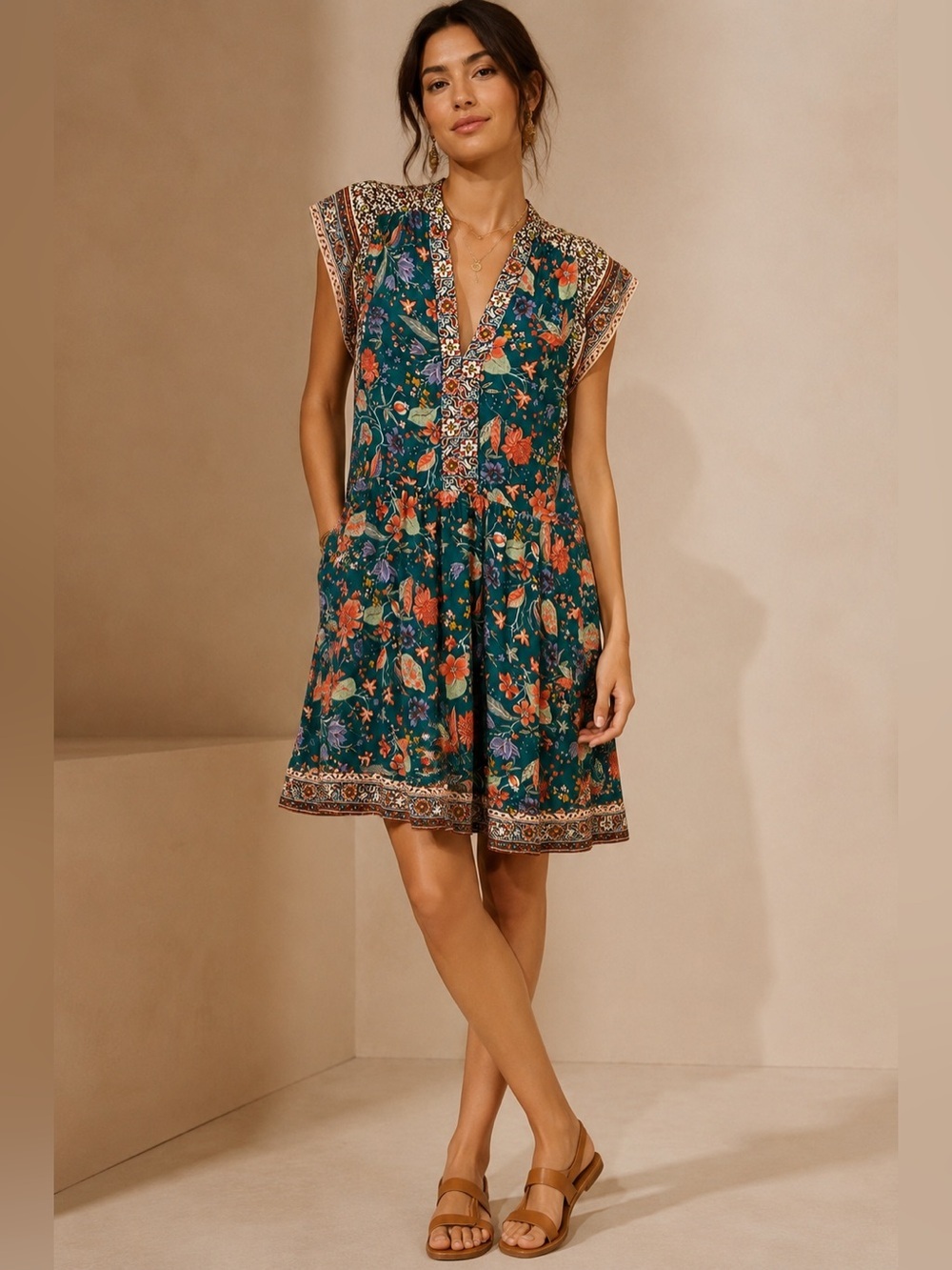 Anthropologie Zenia Floral Dark Teal V-Neck Flutter Sleeve Mini Dress Size XS